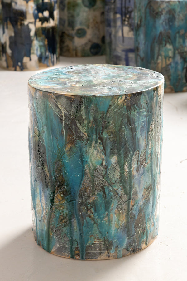 Turquoise Hand-Painted Ceramic Side Table - BZEQNQ