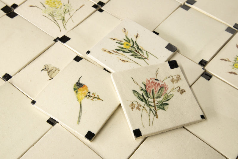 Hand-Painted Birds, Cape Fynbos Squares Ceramic Tiles - DHMHCB-WSS
