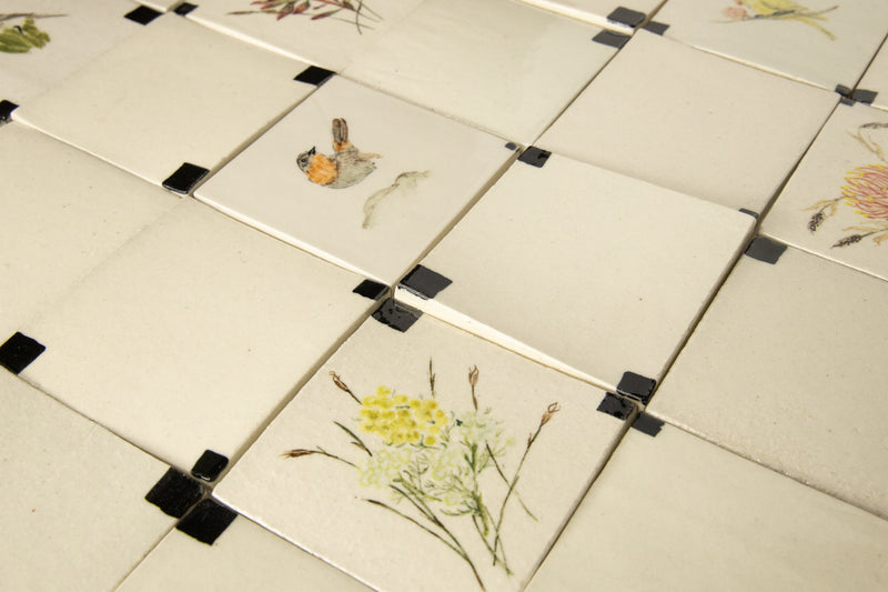 Hand-Painted Birds, Cape Fynbos Squares Ceramic Tiles - DHMHCB-WSS