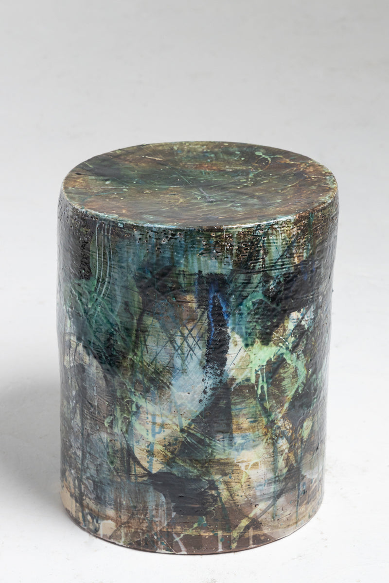 Aqua & Green & Brown Expressive Art Ceramic Side Table - DKAKCI