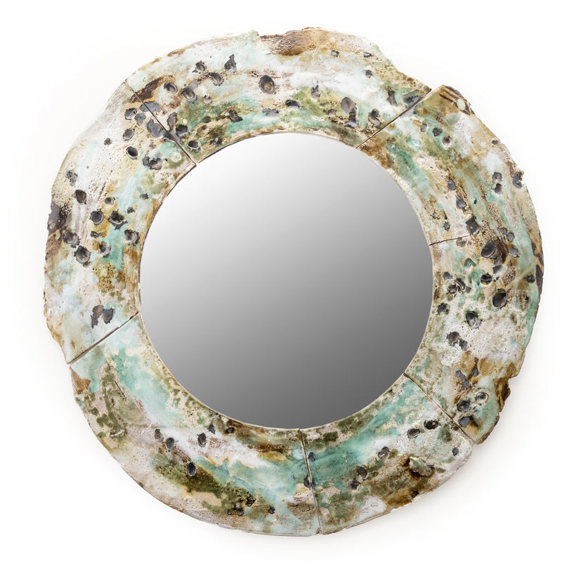 The sandy clay body sets the stage for a tranquil palette, blending cool and warm greens. Glossy pools of chocolate emerge, creating a mirror that emanates a calming and sophisticated aura - DZVPHW