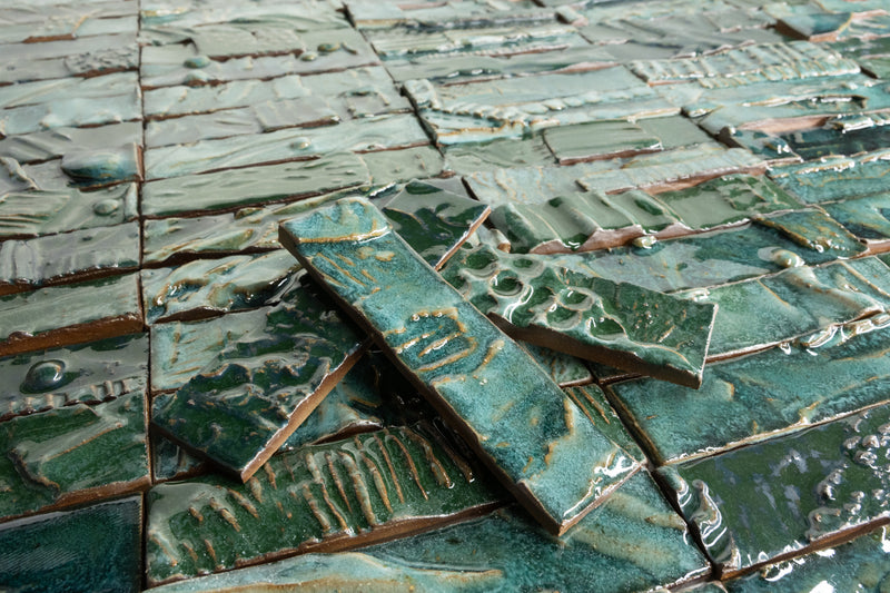 Hand-Made Green Textured Ceramics Wall Tiles - EBGBCD_WS