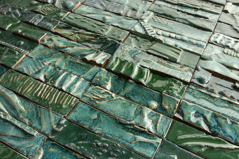 Hand-Made Green Textured Ceramics Wall Tiles - EBGBCD_WS