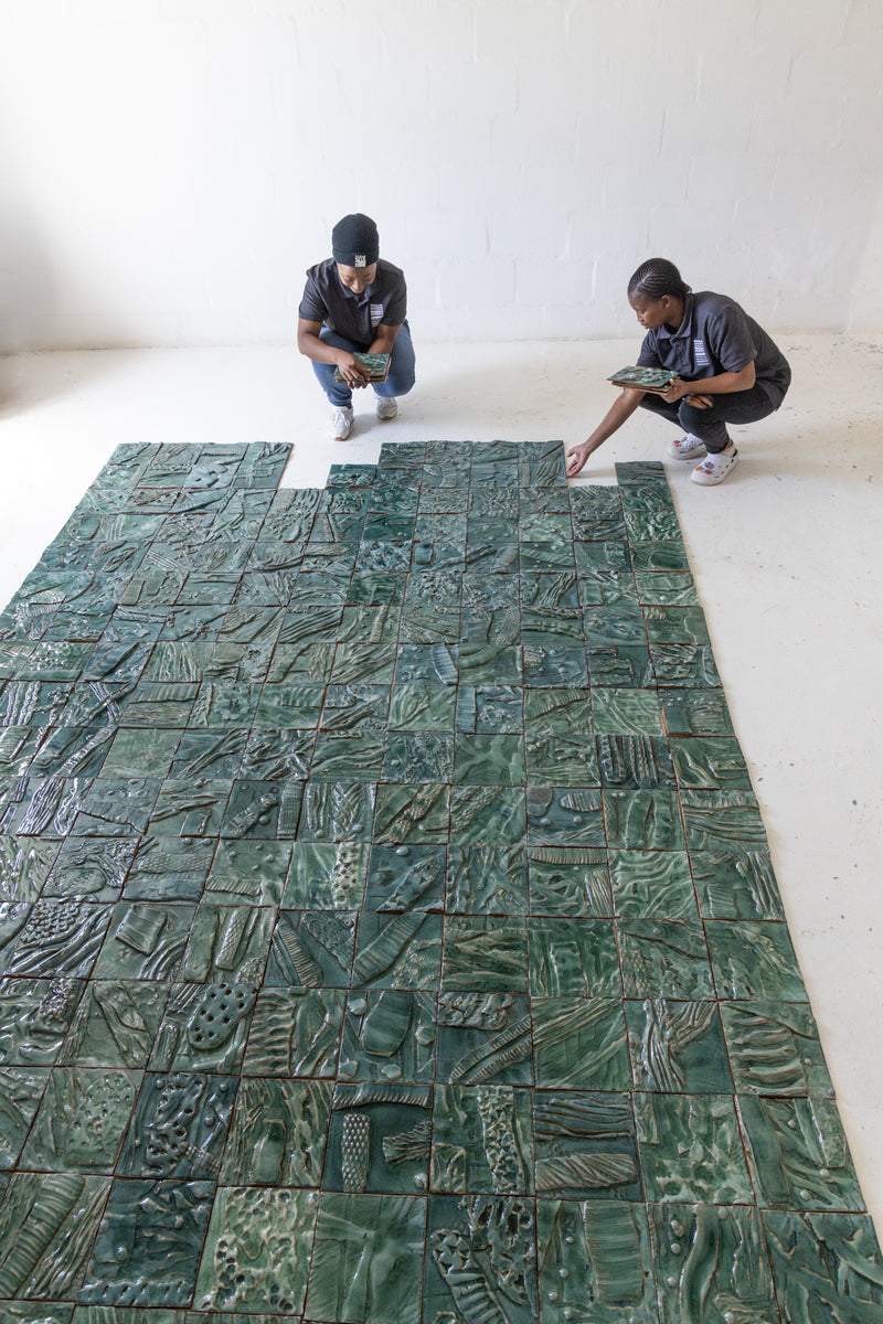 Hand-Sculpted Square Green Textured Ceramics Wall Tiles - DJHLEG_EX