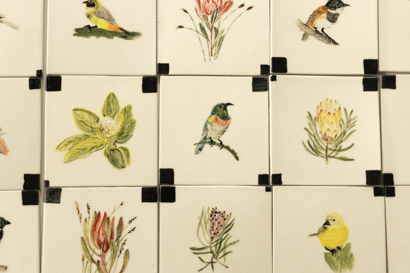 Exquisite Hand-Painted Bird and Cape Fynbosch Ceramic Tiles - BJAI00