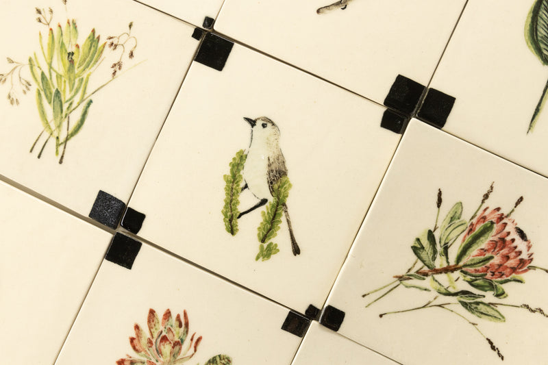 Exquisite Hand-Painted Bird and Cape Fynbosch Ceramic Tiles - BJAI00