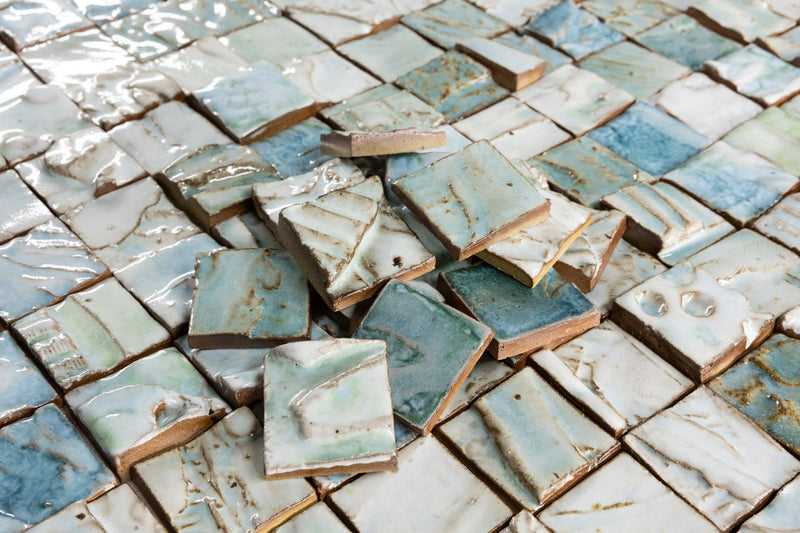 Hand-Made Aqua & Blue Textured Ceramics Square Tiles - ECKJED-WS