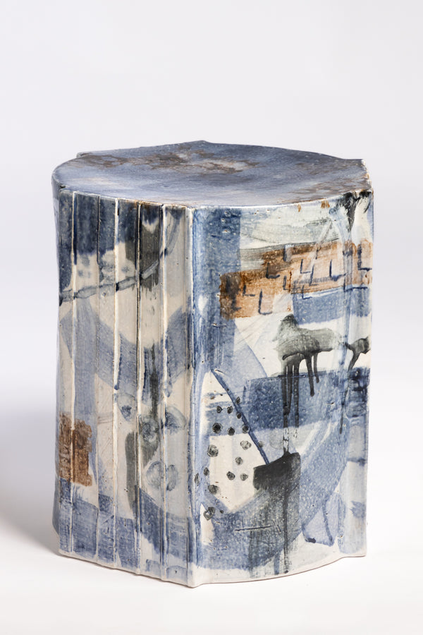 Blue, Brown & White Handcrafted Ceramic Side Table 390mm - FMMFCB