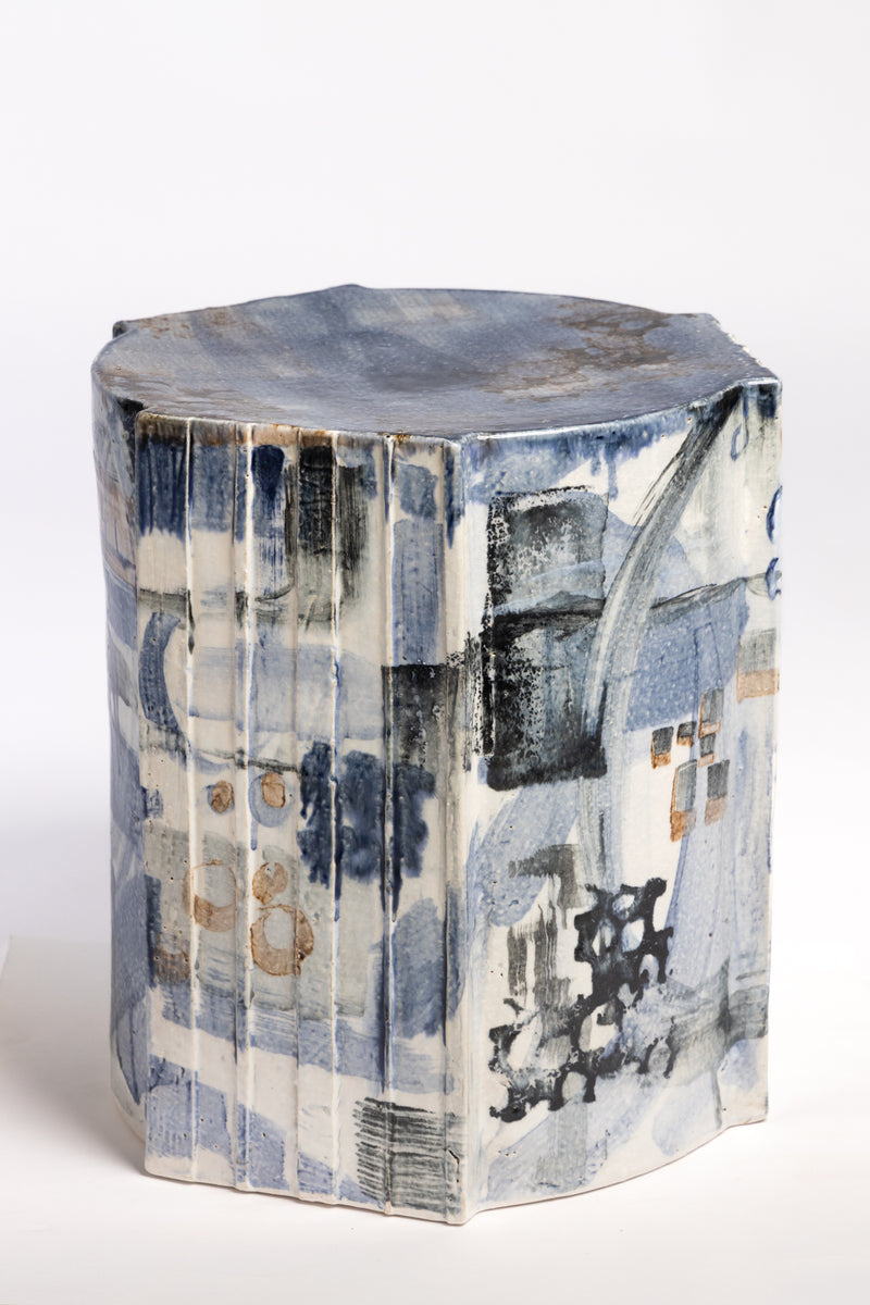 Blue, Brown & White Handcrafted Ceramic Side Table 390mm - FMMFCB