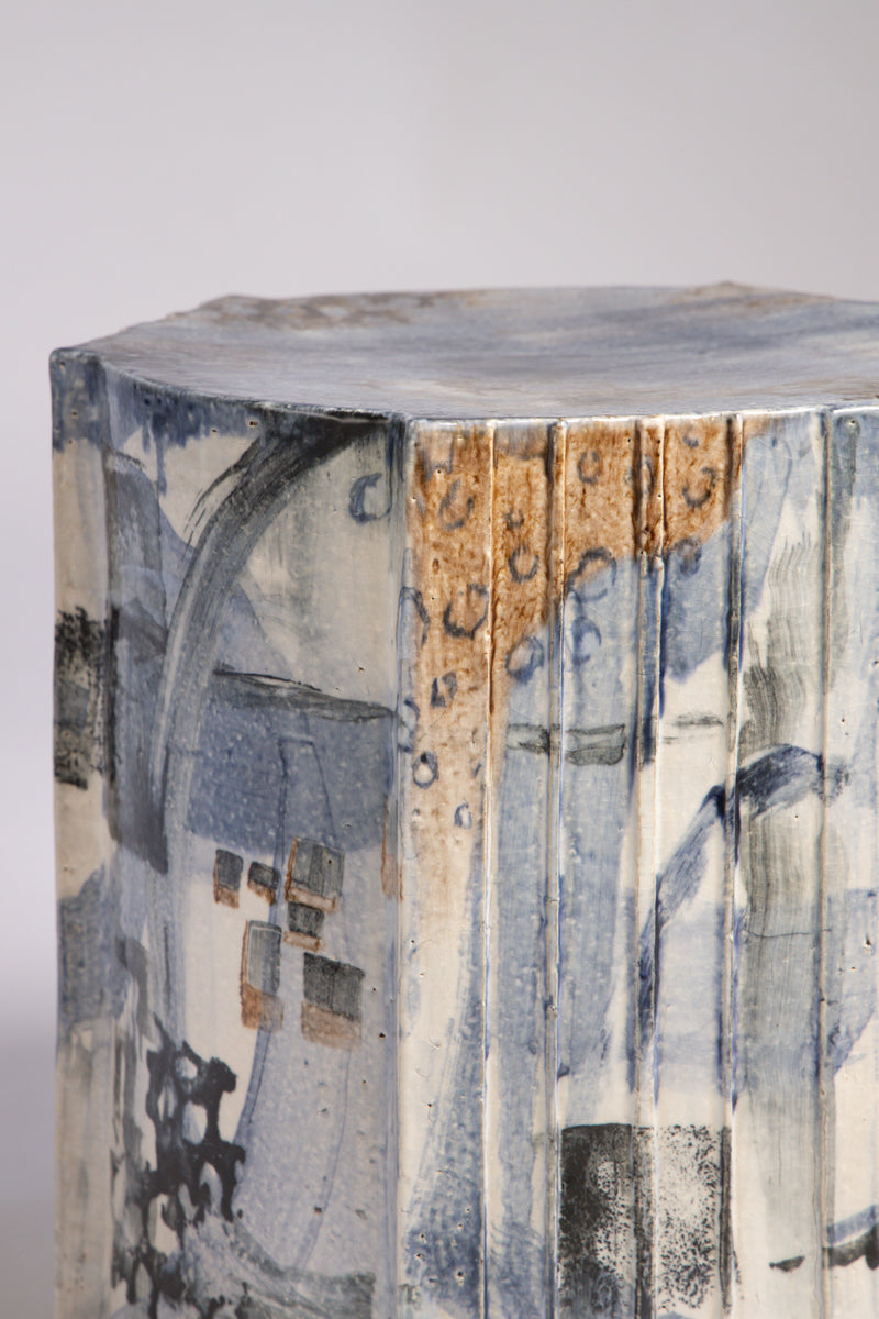 Blue, Brown & White Handcrafted Ceramic Side Table 390mm - FMMFCB