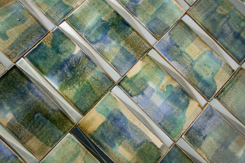 Artistic Blend of Hand-Painted Rectangular Green Blue Tiles - FYWJLR