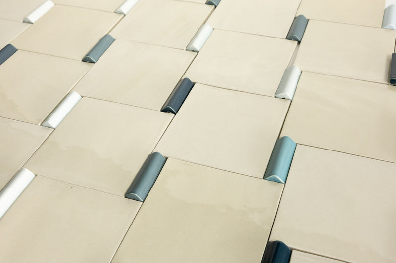 Handmade Cream Square Tiles with 3D Green Blocks - COMP_GCGGEE-WS