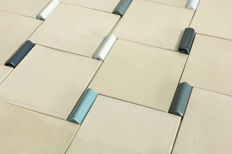 Handmade Cream Square Tiles with 3D Green Blocks - COMP_GCGGEE-WS