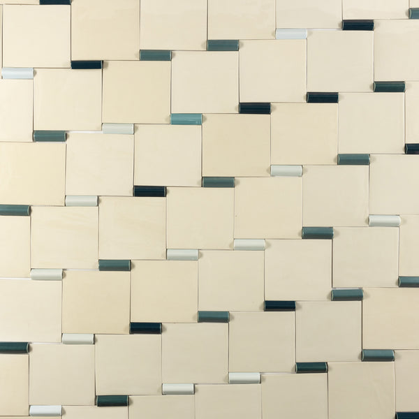 Handmade Cream Square Tiles with 3D Green Blocks - COMP_GCGGEE-WS