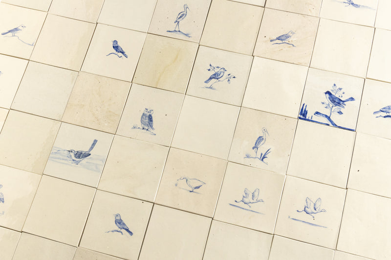 Blue and Cream Hand-Painted Square Delft Bird Tiles - GGEFFG-WS