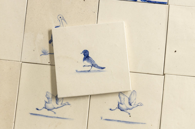 Blue and Cream Hand-Painted Square Delft Bird Tiles - GGEFFG-WS