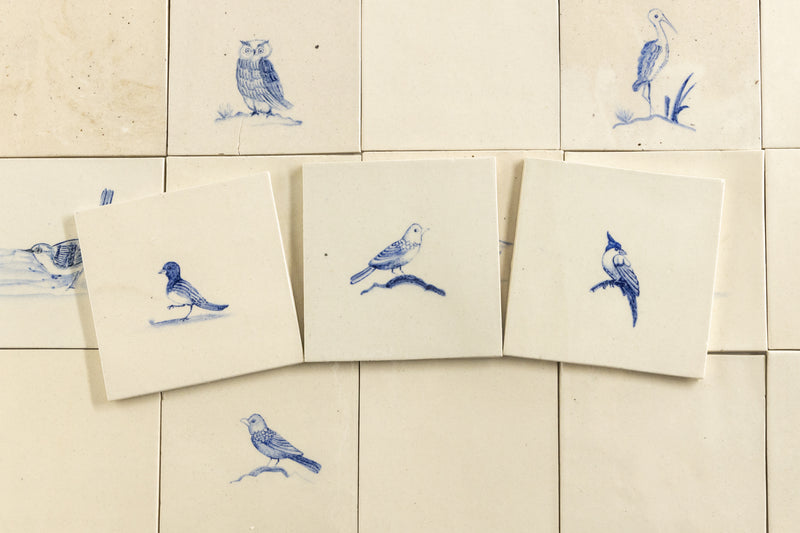 Blue and Cream Hand-Painted Square Delft Bird Tiles - GGEFFG-WS