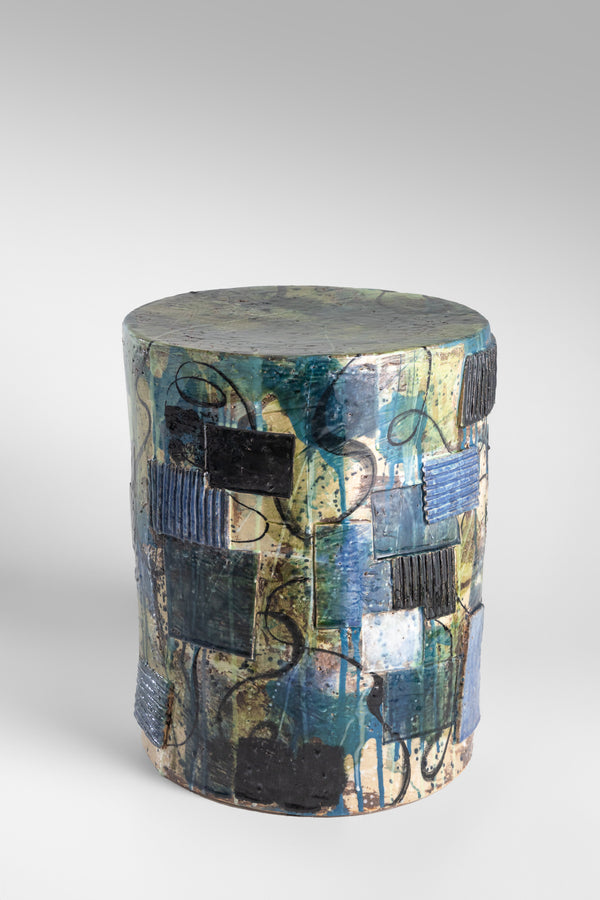 Sculptural Textured Ceramic Side Table in Blue, Black & Green - GJAHMI