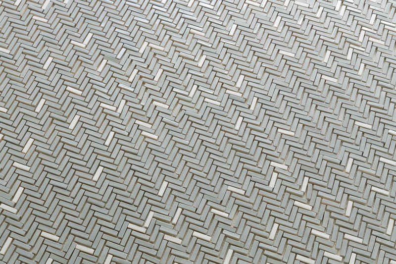 Grey Herringbone Mosaic Tiles with Splashes of White on Mesh - GMFEYZ