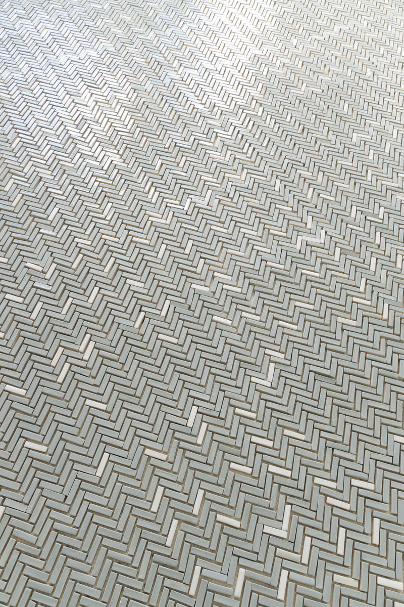 Grey Herringbone Mosaic Tiles with Splashes of White on Mesh - GMFEYZ