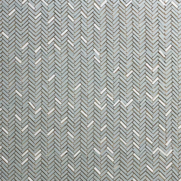 Grey Herringbone Mosaic Tiles with Splashes of White on Mesh - GMFEYZ