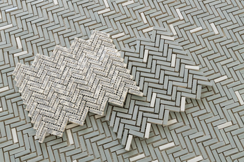 Grey Herringbone Mosaic Tiles with Splashes of White on Mesh - GMFEYZ