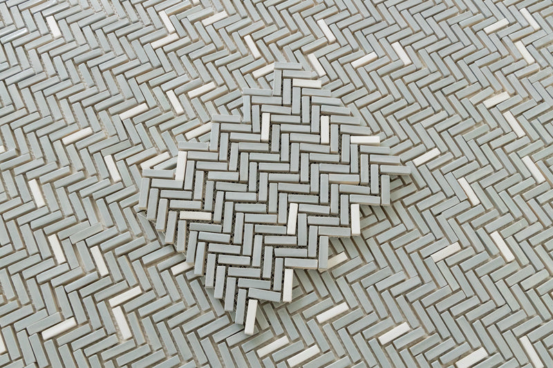 Grey Herringbone Mosaic Tiles with Splashes of White on Mesh - GMFEYZ