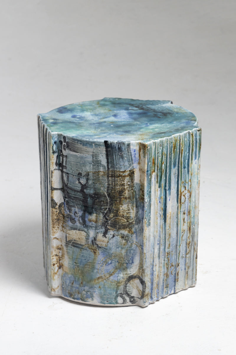 Hand-Painted Abstract Art Ceramic Side Table With Aqua an Black  - HBIBLE
