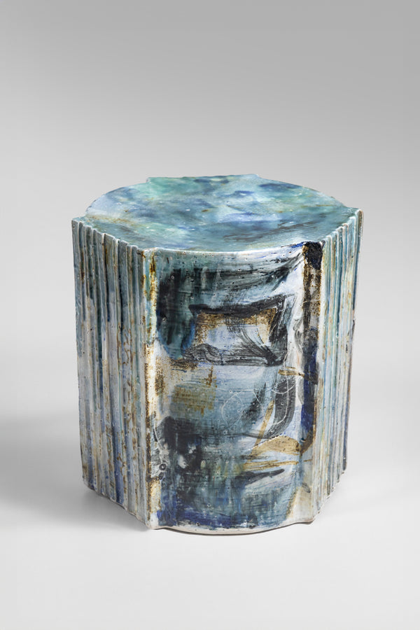 Hand-Painted Abstract Art Ceramic Side Table With Aqua an Black  - HBIBLE