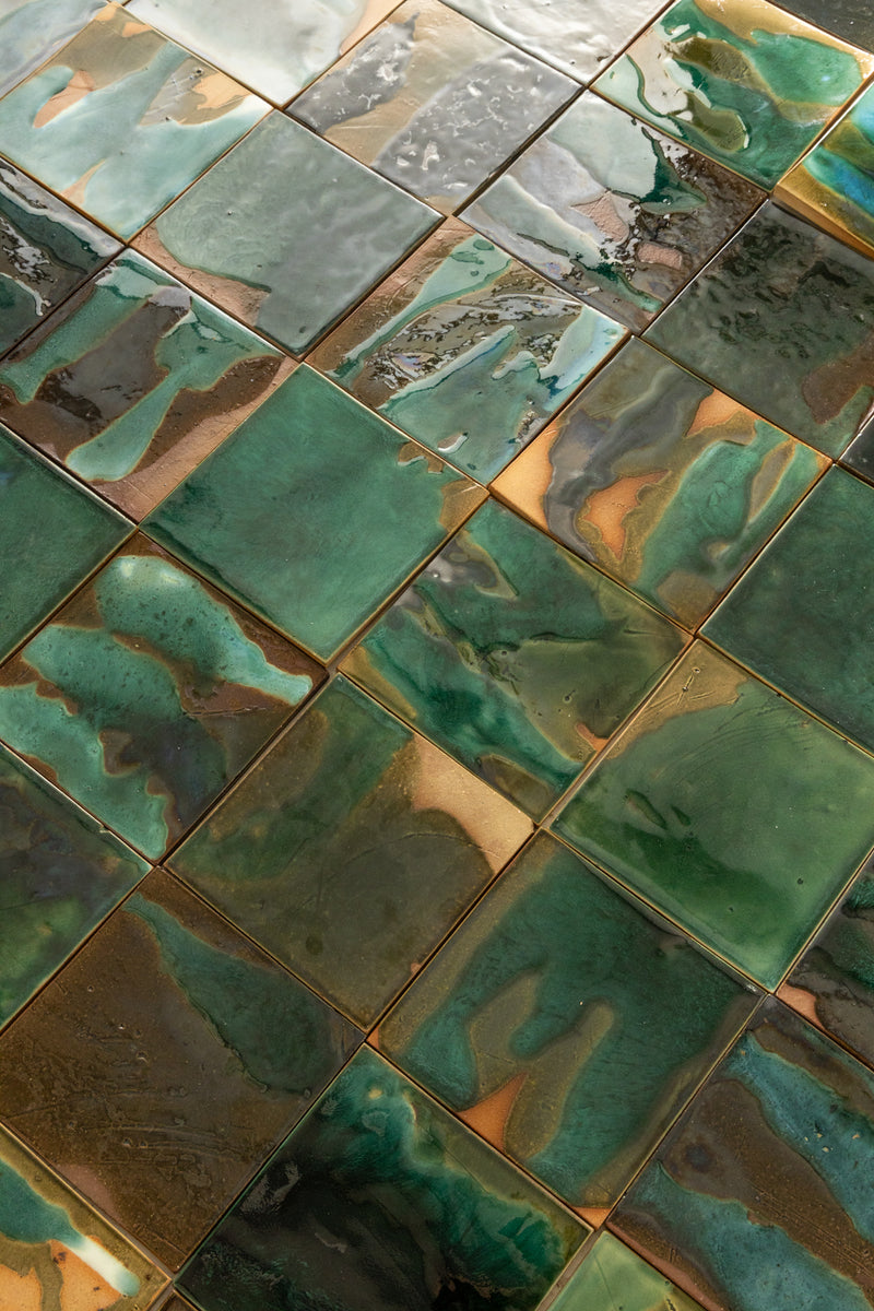 Abstract Green & Bronze Glassy Square Tile - HGJLKD-WS