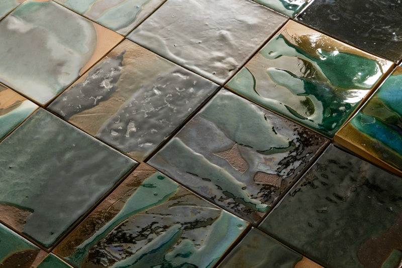 Abstract Green & Bronze Glassy Square Tile - HGJLKD-WS