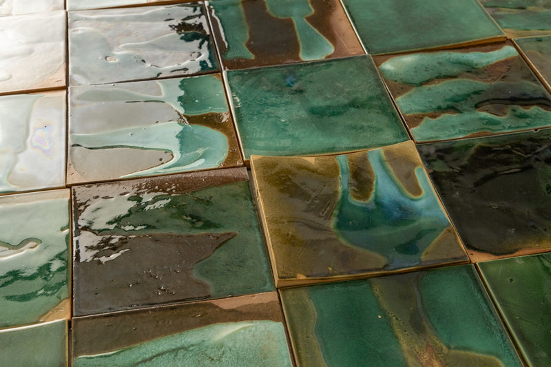 Abstract Green & Bronze Glassy Square Tile - HGJLKD-WS