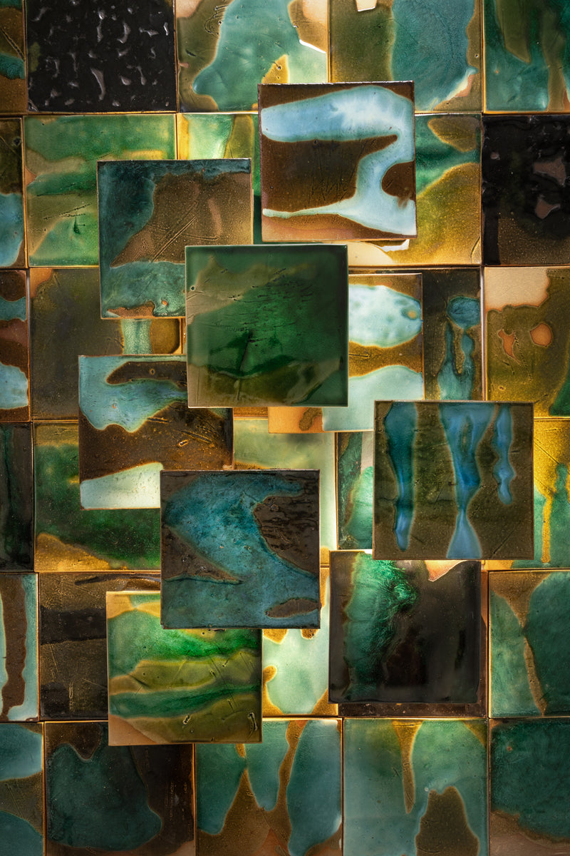 Abstract Green & Bronze Glassy Square Tile - HGJLKD-WS