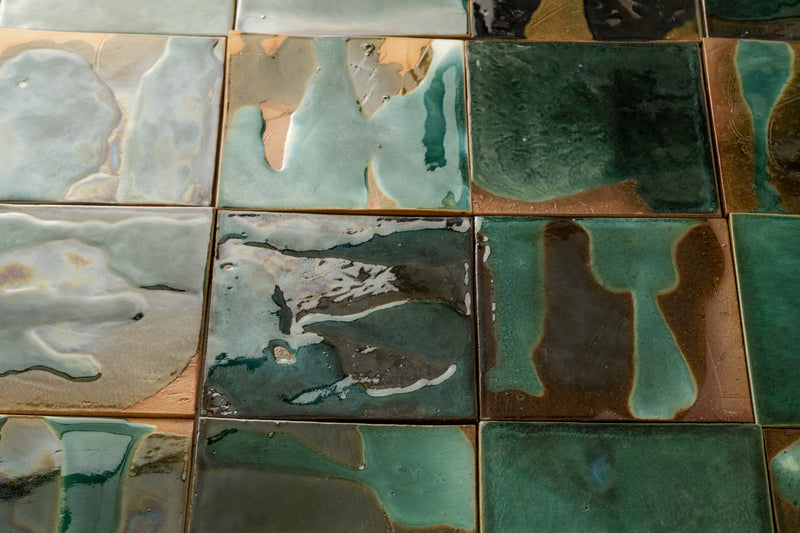 Abstract Green & Bronze Glassy Square Tile - HGJLKD-WS