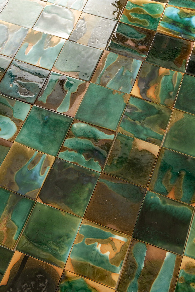 Abstract Green & Bronze Glassy Square Tile - HGJLKD-WS