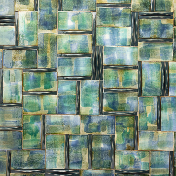 Artistic Blend of Hand-Painted Green Blue and 3D Tiles - HHKNYN