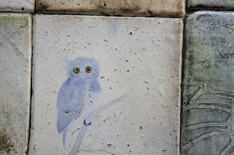 Hand Painted Owls on Colour-washed Square Tiles - HKEKHG