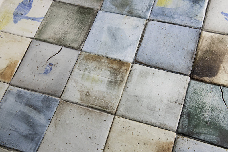 Hand Painted Owls on Colour-washed Square Tiles - HKEKHG