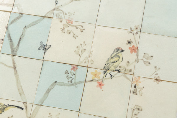 HAND PAINTED BIRDS ON BRANCH TILE MURAL 0.7m x 1.4m (HNXBNS)