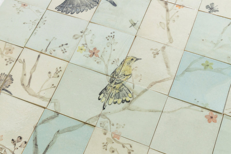 HAND PAINTED BIRDS ON BRANCH TILE MURAL 0.7m x 1.4m (HNXBNS)
