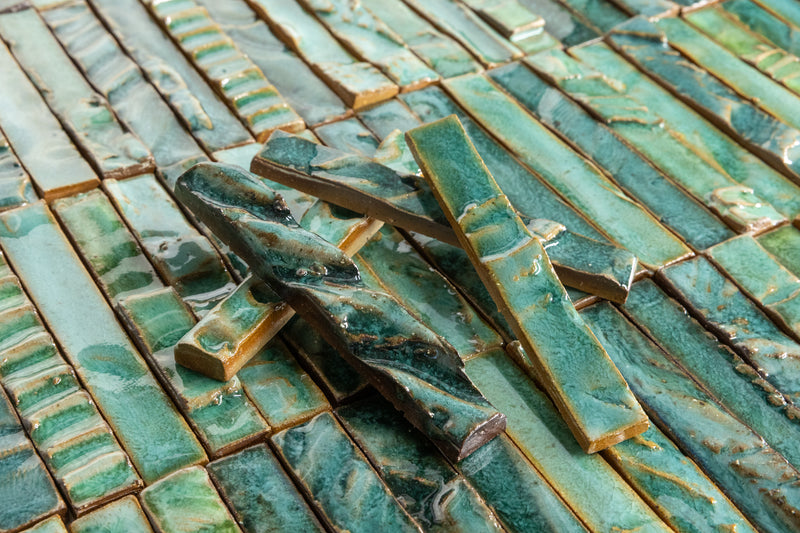 Hand-Made Slender Green Textured Ceramics Wall Tiles - IAMKEJ