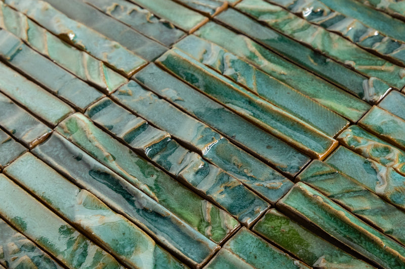 Hand-Made Slender Green Textured Ceramics Wall Tiles - IAMKEJ