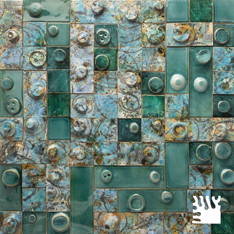 Abstract Art Hand-Sculpted Green & Aqua 3D Tiles QNSPXY-WS