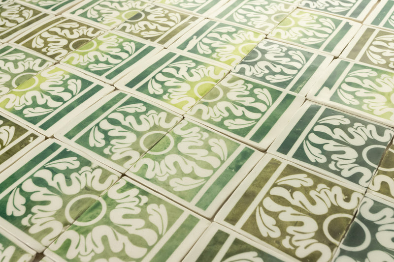 Green on Cream Geometric Hand-Printed Pattern Tiles - J9LR7W