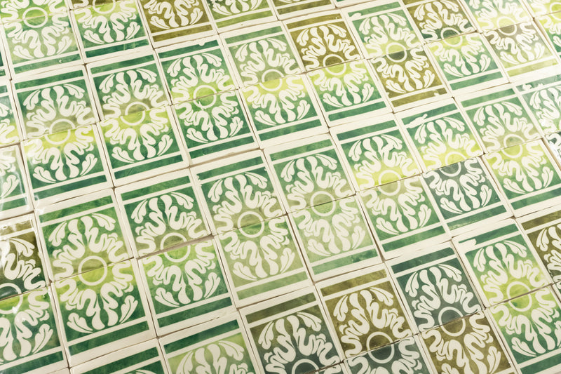 Green on Cream Geometric Hand-Printed Pattern Tiles - J9LR7W