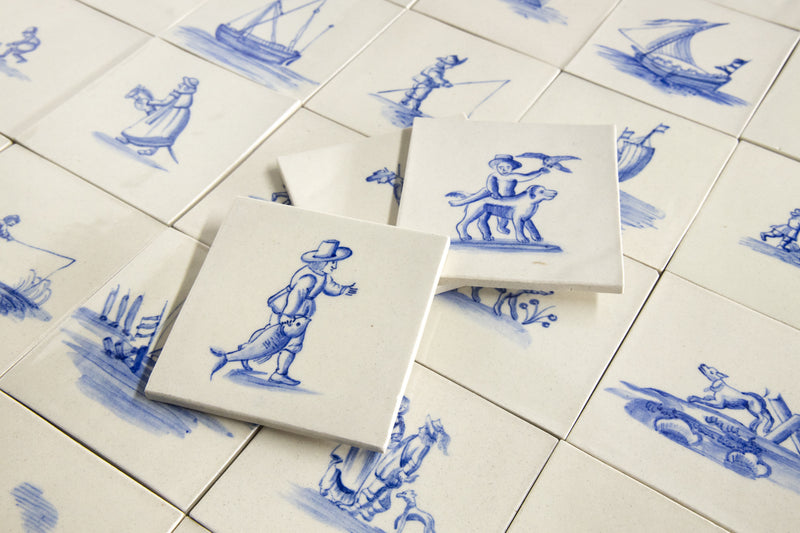 Maritime Delft Blue & White Hand-Painted Square Tiles - JDEDHB-EX