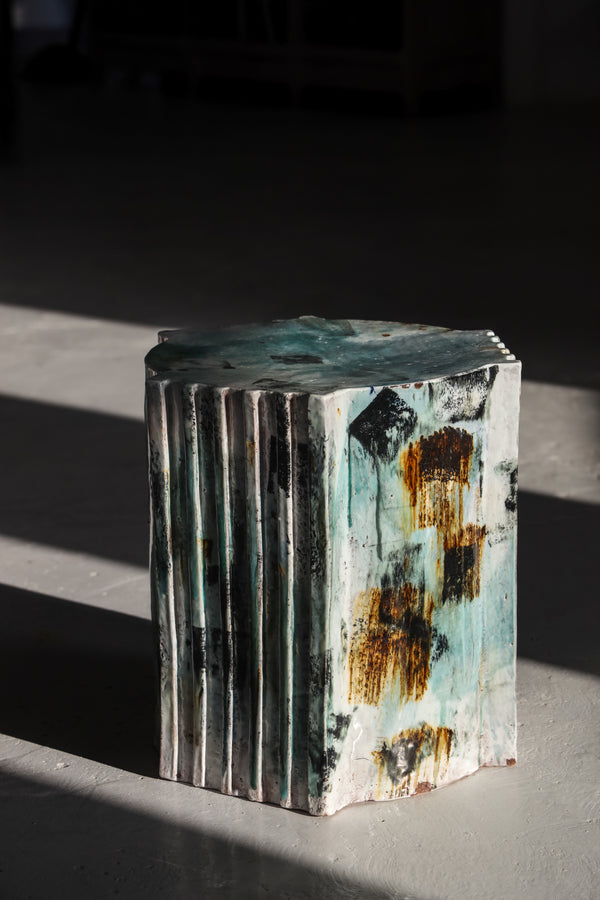 Experience bold sophistication with this ceramic piece, featuring bold mark making. Elevate your space with a distinctive blend of golden brown, sepia, copper, and aqua greens - EBIJFK