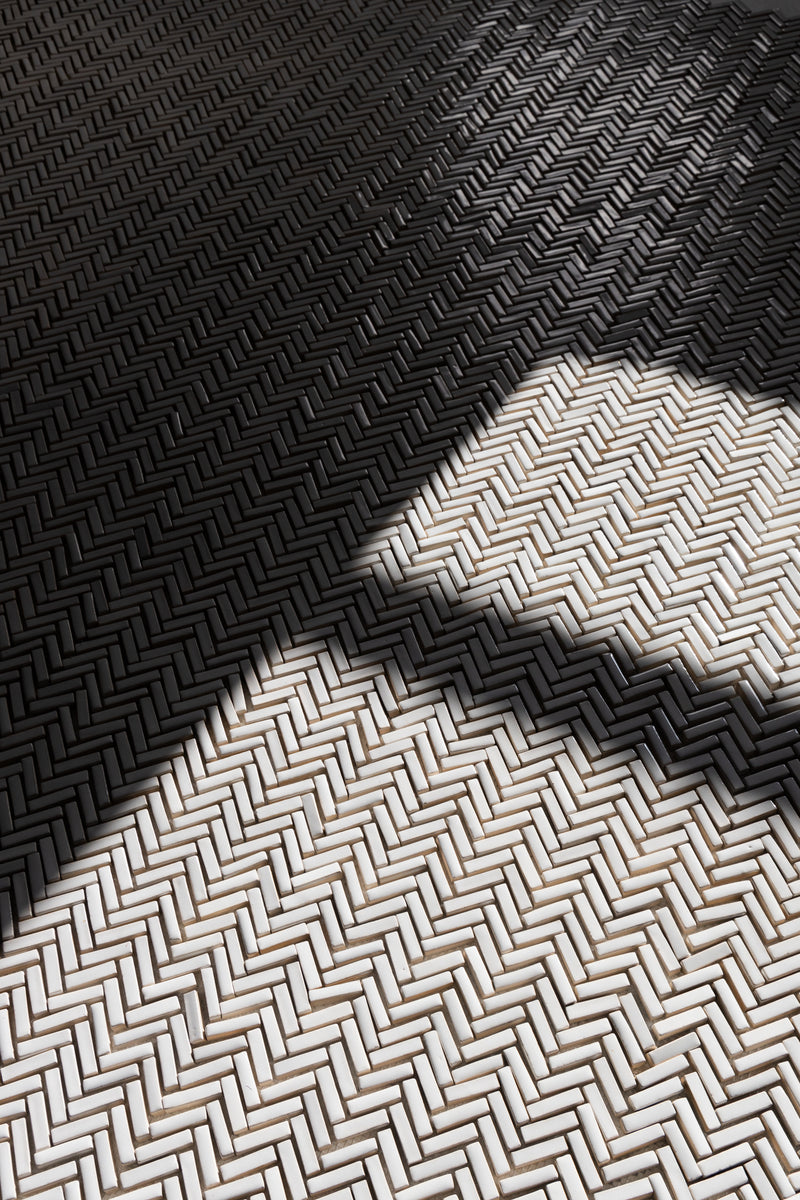 Off-White Herringbone Mosaic Tiles on Mesh CHEBEK-EX