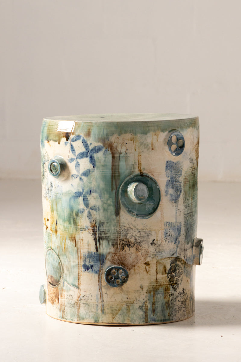 Aqua & Tan Sculptural Ceramic Side Table - KWADFS