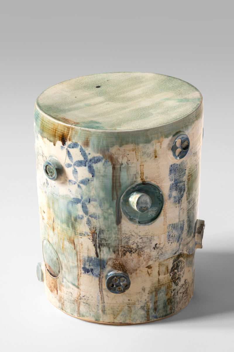 Aqua & Tan Sculptural Ceramic Side Table - KWADFS